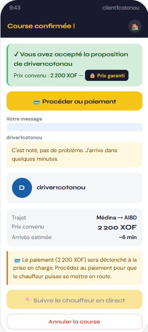 Accord et paiement VaZapp — prix ferme confirmé, écran de paiement