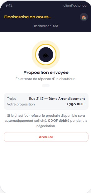 Proposition de prix client VaZapp — négociation en direct avec le chauffeur